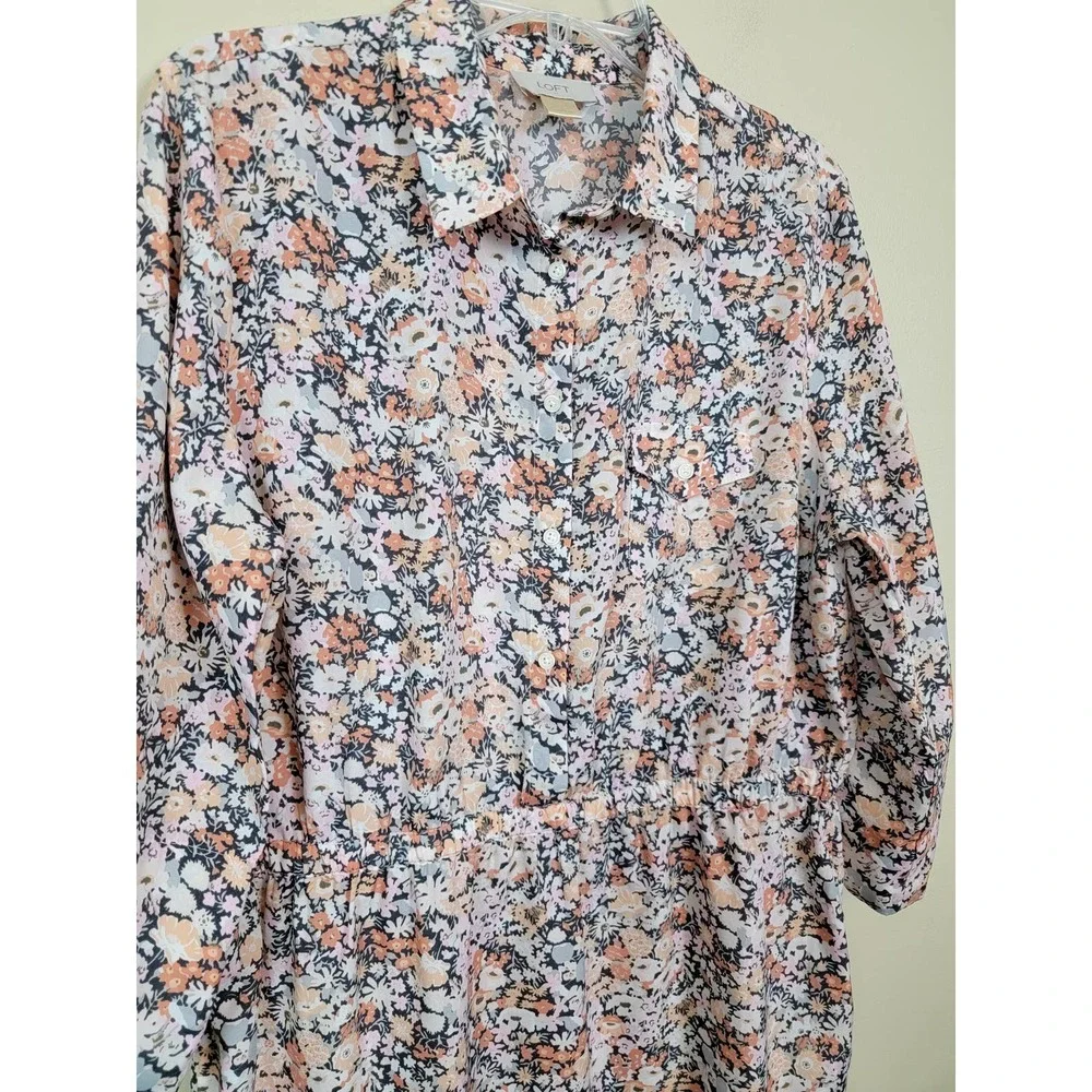 Ann Taylor Loft Women's Dress Collared 3/4 Roll-Tab Sleeves Size Large Floral - Picture 2 of 8